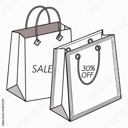 Two shopping bags, one with "SALE" and the other with "30% OFF", suggesting retail discounts