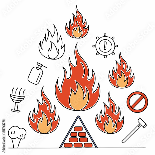 Fire Safety Icons A Collection of Flame Illustrations,  including extinguisher, warning symbols, and fire prevention tips