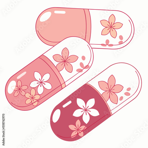 Pink capsules adorned with cherry blossoms, scattered playfully
