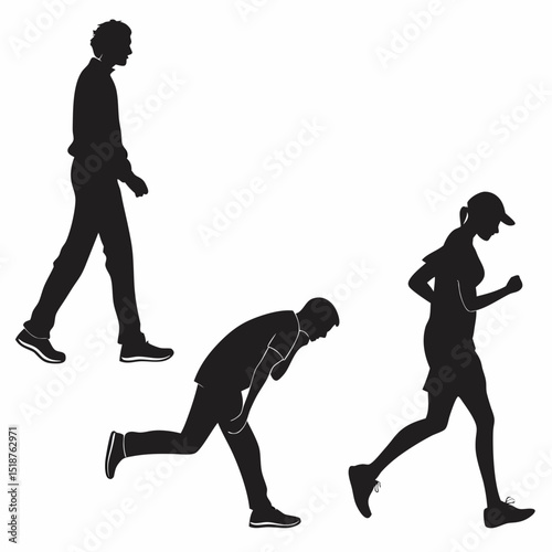 Three black silhouettes depict various human actions walking, bending, and running