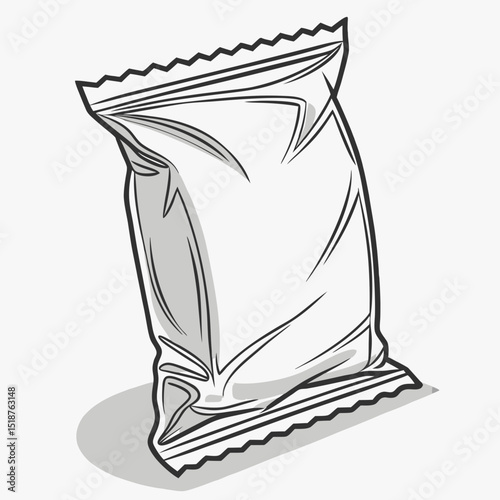 A grayscale illustration of a flexible package with a serrated top.  The packaging is depicted in a somewhat crumpled state, suggesting it's filled with a product