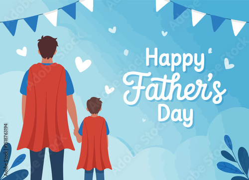 Father and Child in Matching Superhero Capes – Happy Father’s Day Greeting Card Illustration

