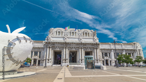 Fototapeta Naklejka Na Ścianę i Meble -  Front view of Milan antique central railway station timelapse hyperlapse.