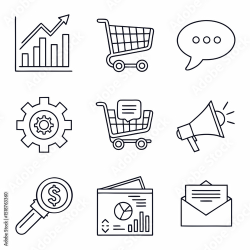 Business growth icons upward trend graph, shopping carts, communication bubble, gear, and megaphone