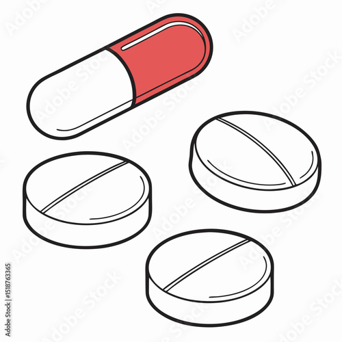 Illustration of various pills, capsule and tablets, showcasing different shapes and sizes of medication