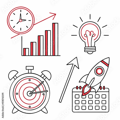 Illustration showing growth, time management, and innovative ideas with a rocket launch