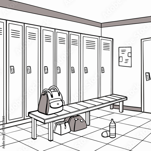 A row of lockers in a changing room, a bag sits on the floor.  A notice board and door are visible
