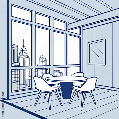 Room with large window showcasing city skyline