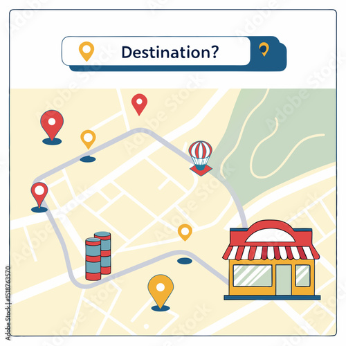 A digital map interface displays various location markers, including a hot air balloon icon, prompting users to input their desired destination