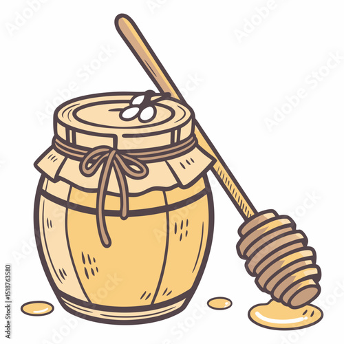 Honey in a rustic wooden barrel with a honey dipper