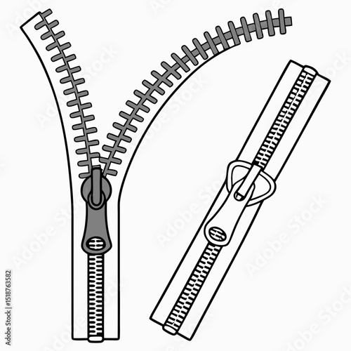 A detailed illustration of a zipper, showing its components and mechanism.  Two zipper halves are depicted, one open and one closed, highlighting the interlocking teeth and slider