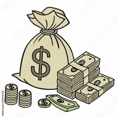 A large money bag and stacks of cash