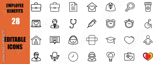 Employee benefits vector icons set health insurance time off and financial wellness plan editable icons package 100