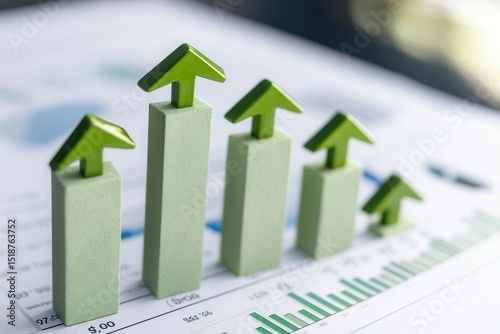 Green upward arrows on bar graphs indicating growth trends in business analytics report photo