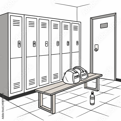 A simple line drawing of a locker room with several lockers, a bench, and bags