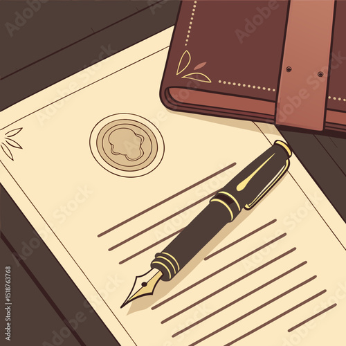 Elegant stationery with a leather-bound journal, a cream-colored letter, and a fountain pen