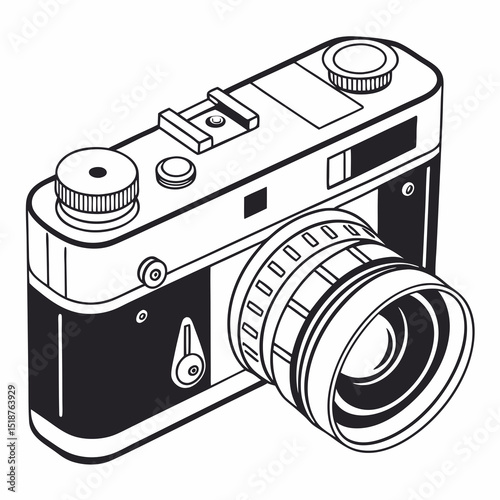 A detailed line drawing of a vintage camera, showcasing its intricate design elements