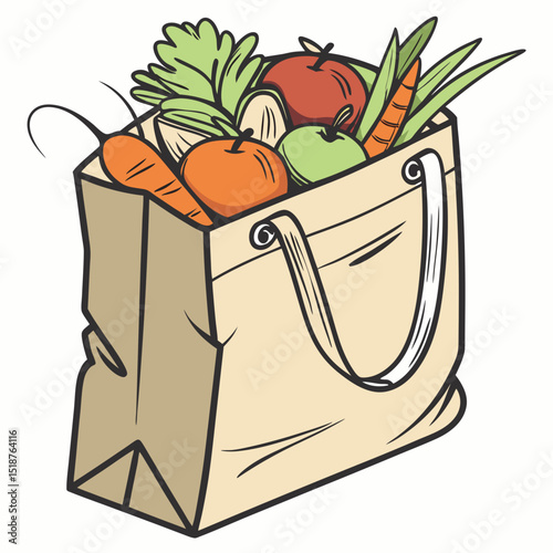 A tote bag overflowing with fresh produce, including apples, carrots, and leafy greens.  It represents healthy eating and fresh food choices