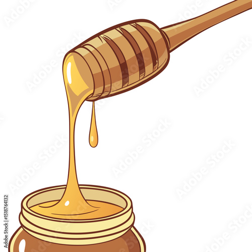 Golden honey dripping from a wooden honey dipper