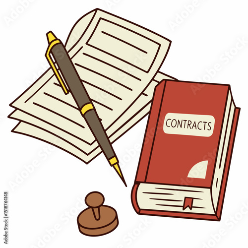 Papers, pen, and a contracts book are arranged on a surface