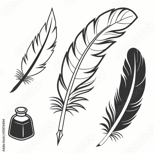 Three stylized feathers in black and white.  One large, one medium, and one small