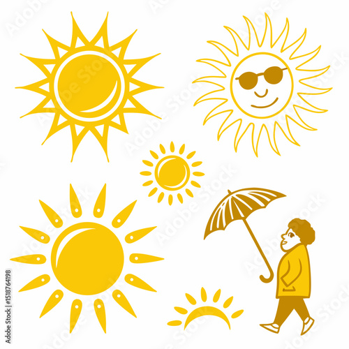 Collection of stylized sun illustrations, including a sun wearing sunglasses and a person relaxing under an umbrella