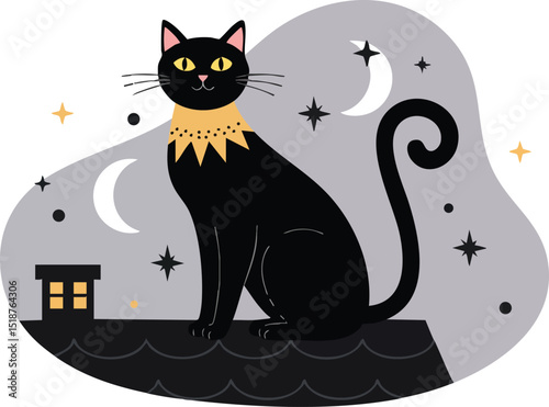 Black cat with golden collar sitting on rooftop under moon and stars vector illustration 