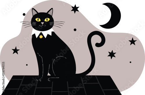 Black cat sitting on tiled floor with crescent moon and stars vector illustration in minimal style 