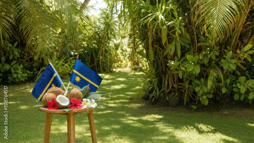 Tropical decor with flags of Nauru, coconuts, and flowers