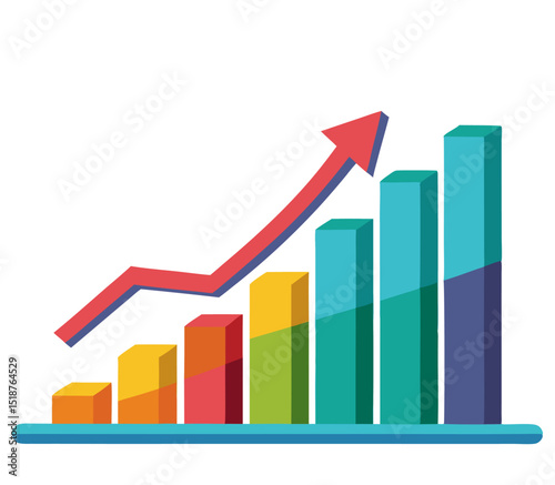 A colorful bar graph with an upward-trending red arrow signifies growth and positive progress.