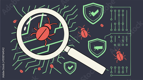 Magnifying glass reveals a bug on a circuit board, surrounded by security shields and other bugs