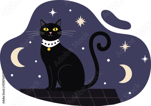 Black Cat Sitting Under Night Sky with Stars and Crescent Moons Vector Illustration 