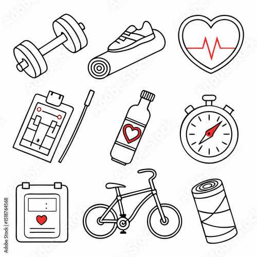 Fitness and wellness icons Dumbbell, shoe, yoga mat, heart rate, clipboard, stick, water bottle, stopwatch