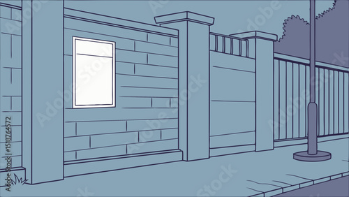A simple illustration of a brick wall with a blank sign, fence, and lamppost beside a sidewalk at night