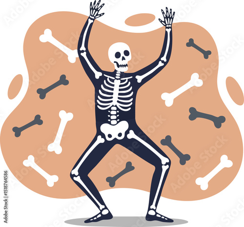 Dancing skeleton surrounded by scattered bones with orange background vector illustration in Halloween style 