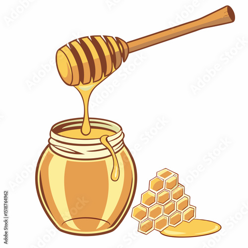 Honey dripping from wooden dipper into jar
