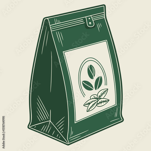 A dark green coffee bag with a label featuring coffee beans and leaves