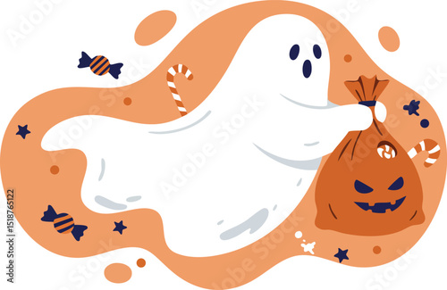 Cute ghost flying with Halloween pumpkin bag and candies vector illustration in orange background 