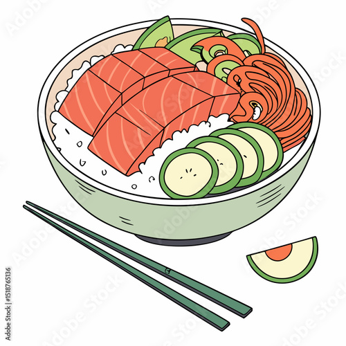 A vibrant bowl of rice topped with salmon, avocado, cucumber and shredded carrots.  A pair of chopsticks rests beside it