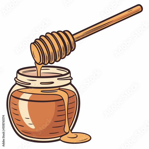 Honey dipper dripping golden honey into a jar