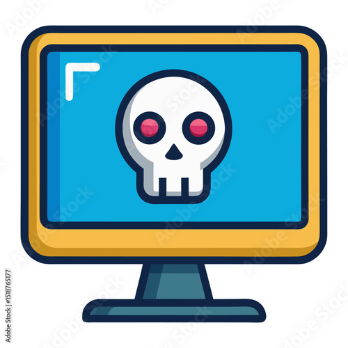A computer monitor displaying a skull icon with red eyes signifies a cybersecurity threat or infected system.