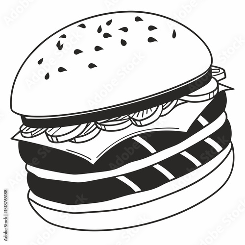 A detailed line drawing of a juicy hamburger, featuring sesame seeds on top, cheese, and layered fillings