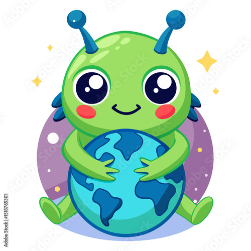 A cute green alien with large eyes adorably hugs the Earth, symbolizing care for the planet and extraterrestrial friendship.