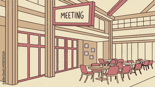 A minimalist drawing of a meeting room with tables and chairs, situated in a modern building with large windows