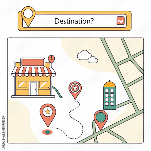 Simple map interface showing search bar, location markers, store, and building