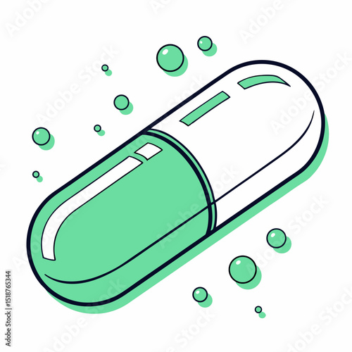 An illustration of a mint green capsule, floating against a white background with small green bubbles