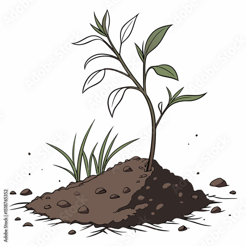 A young plant sprouts from the ground, its leaves are a mix of light and dark green, beside some grass