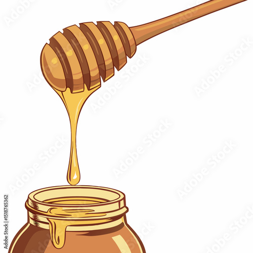 Honey dripping from a wooden honey dipper, isolated on white background