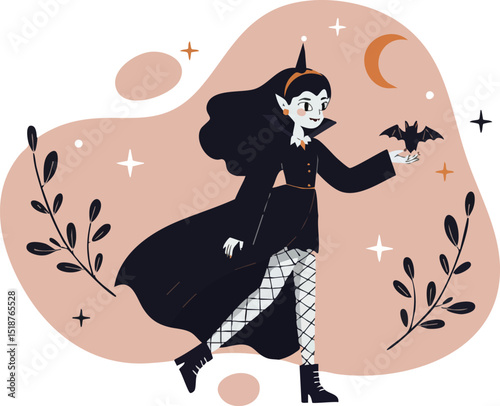 Female vampire character with bat and mystical background in gothic style vector illustration 