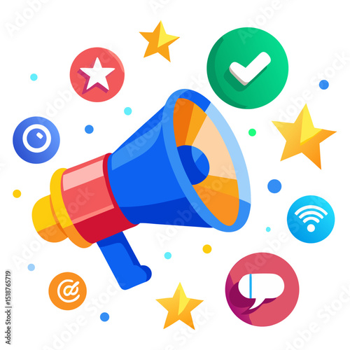 A vibrant illustration features a megaphone surrounded by various social media and communication icons, signifying promotion, marketing, and broadcasting.